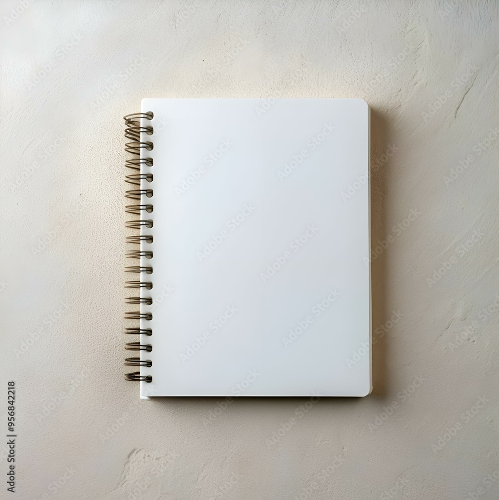 Poster a clean. white spiral bound notebook resting on a textured beige surface.