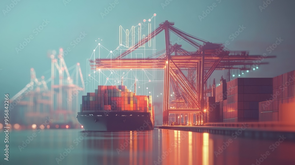 Poster container ship unloading at the harbor with a crane, background featuring an increasing graph. visua