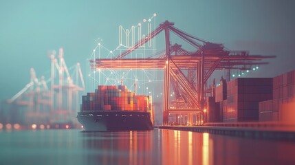 Fototapeta premium Container ship unloading at the harbor with a crane, background featuring an increasing graph. Visualizes the link between dock operations and export growth.