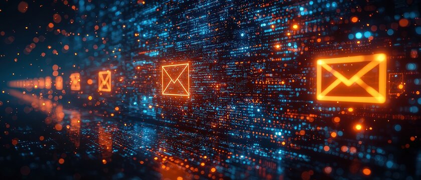 An email being predicted with digital symbols and data in the background, close-up of envelopes on a dark blue glowing binary code background, 