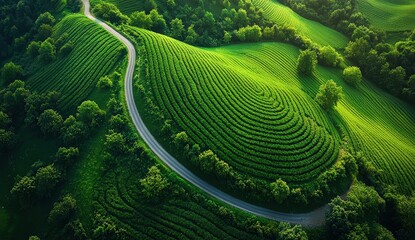 An aerial view of green fields, with rows and lines creating an artistic pattern.