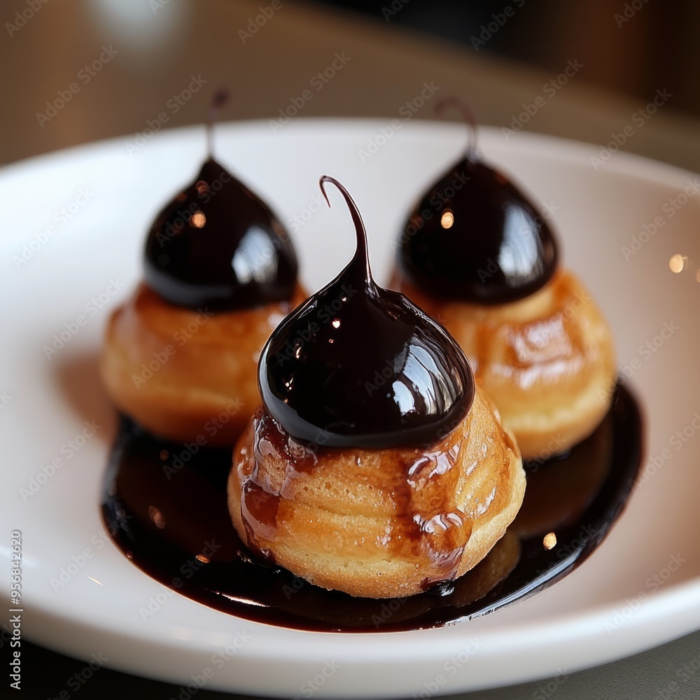 Canvas Prints Three small, round pastries topped with chocolate sauce on a white plate.