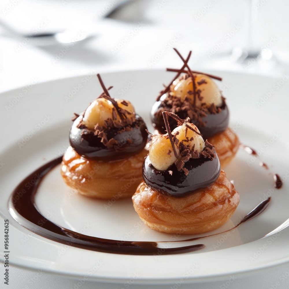 Poster Three small pastry puffs topped with chocolate sauce and chopped nuts, arranged on a white plate with a swirl of chocolate sauce.