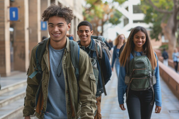 Obraz premium Photo full-length of happy college students walking together on campus.