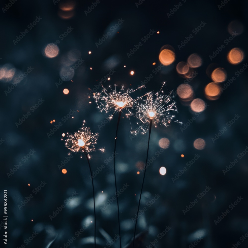 Sticker Three sparklers glowing with bokeh background.