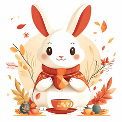 Flat Rabbit and Teacup with Mid Autumn Festival Text concept as A vector illustration combining a rabbit and teacup with Mid Autumn Festival text below isolated on a white background. The elements are