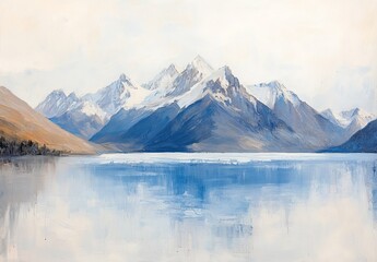 Naklejka premium Snowcapped Mountains and Blue Lake in New Zealand, Minimalist Style, AI generated illustration