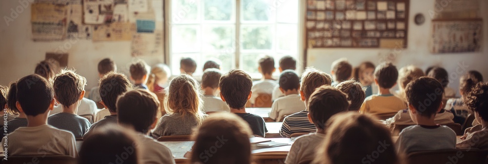 Aufkleber students fill a cramped classroom actively participating in lessons, facing outdated materials and a