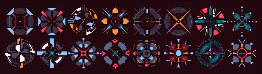 A futuristic HUD UI set featuring circular interfaces, targets, and aim markers. This cyber-inspired GUI collection is perfect for creating advanced, high-tech visuals and sleek, modern interfaces 