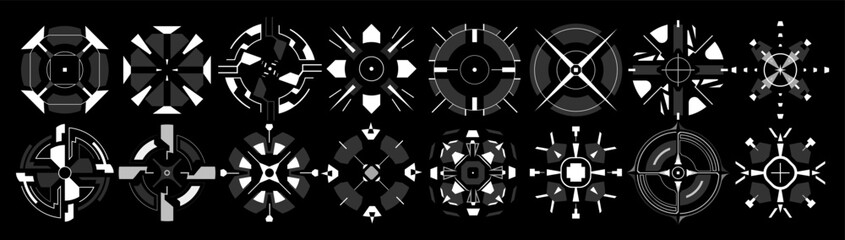 Obraz premium A futuristic HUD UI set featuring circular interfaces, targets, and aim markers. This cyber-inspired GUI collection is perfect for creating advanced, high-tech visuals and sleek, modern interfaces 