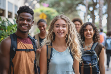 Photo full-length of happy college students walking together on campus.