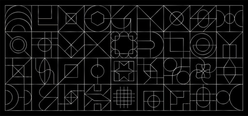 Minimalist geometric pattern inspired by Art Deco, featuring abstract shapes and lines in monochrome. Perfect for modern designs like covers, brochures, posters, banners, and backgrounds.