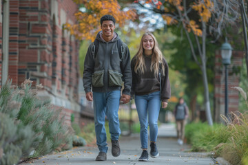 Obraz premium Photo full-length of happy college students walking together on campus.