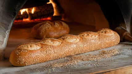 A baguette bread baked on a table with sesame sprinkles
