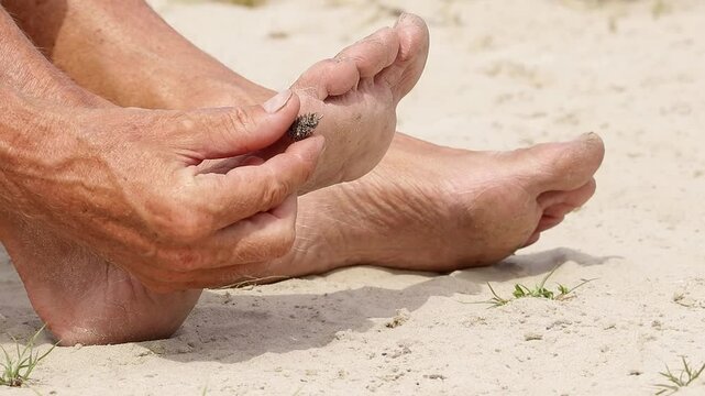 A black thorn from a plant in the foot.A man pulls a splinter from his foot on the beach.