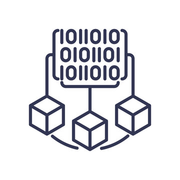 Illustration of data management with binary code and interconnected blocks representing data storage and organization.