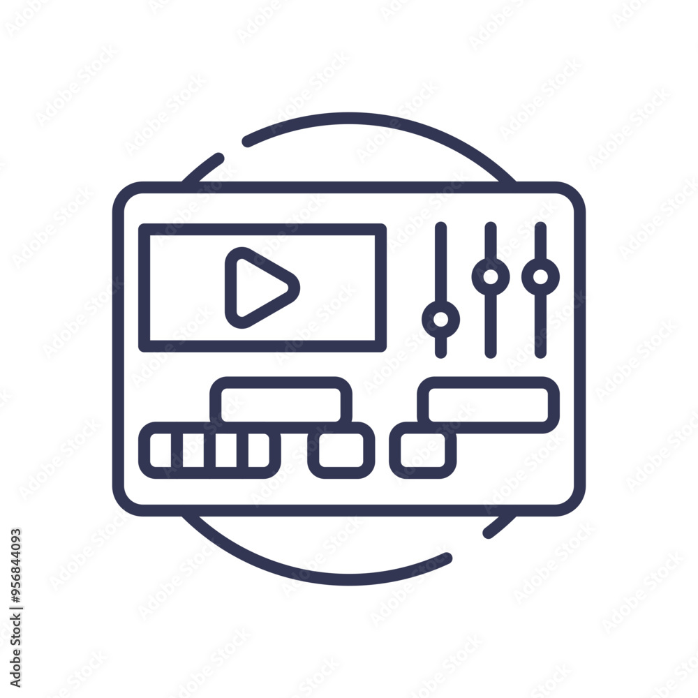 Poster line icon of a user interface with a video player, sliders, and buttons, representing media control 
