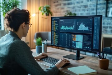 An expert focused on a computer screen, analyzing intricate data and writing notes, surrounded by a tidy workspace and a coffee mug. Generative AI