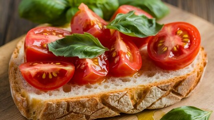 A slice of Italian bread with chopped tomatoes and basil leaves