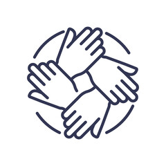 Four hands interlocked in a circle, symbolizing teamwork, unity, and collaboration.