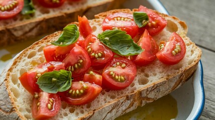 A slice of Italian bread with chopped tomatoes and basil leaves