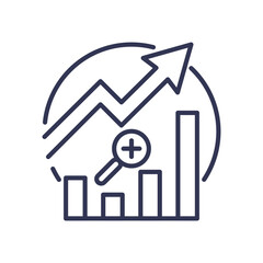 Graph with upward arrow and magnifying glass symbolizing growth and analysis in training processes.