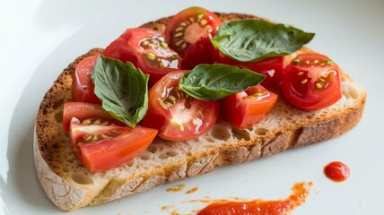 A slice of Italian bread with chopped tomatoes and basil leaves