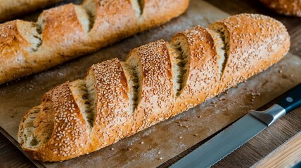 A baguette bread baked on a table with sesame sprinkles