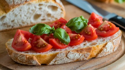 A slice of Italian bread with chopped tomatoes and basil leaves
