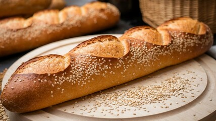 A baguette bread baked on a table with sesame sprinkles
