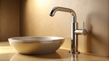 A sleek, modern faucet stands against a soft, blurred background of warm beige tones, hinting at a luxurious and serene bathroom ambiance.