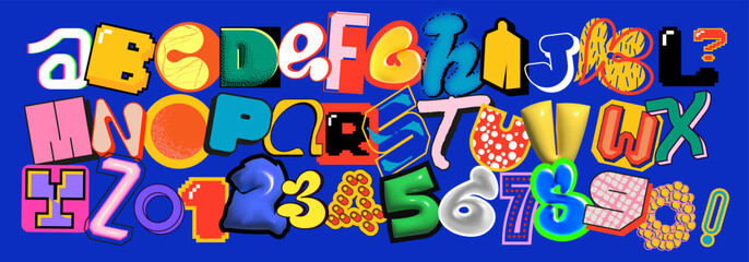A vibrant and eclectic 3D alphabet featuring a variety of letters and numbers in different styles and shapes. Suitable for fun and creative designs, kids projects, posters and holiday events.