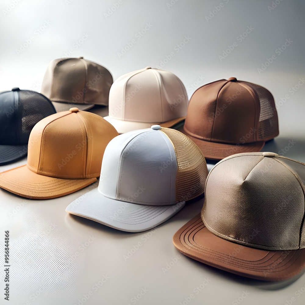 Poster a collection of stylish baseball caps in various colors and designs. perfect for adding a touch of c