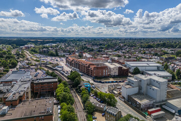 Obraz premium Aerial drone shot over the town of Bishops Stortford in England