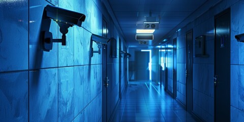 A secure server room with biometric scanners and surveillance cameras, illustrating high-level data protection measures