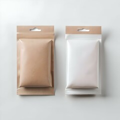 Two blank stand up pouches. one brown paper and one white foil. perfect for showcasing your product design.