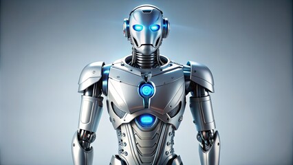 Fototapeta premium A sleek, modern robot stands alone on a pure white background, its metallic body and glowing blue eyes radiating a sense of futuristic innovation.