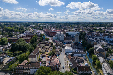 Aerial drone shot over the town of Bishops Stortford in England