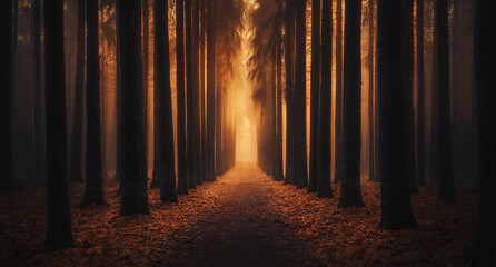 Fototapeta premium A mystical forest with tall trees, bathed in golden light filtering through the foggy atmosphere.