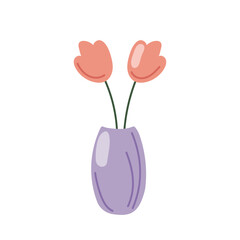 Purple vase holding two simple pink flowers with green stems in flat style. Minimalistic and elegant, design for home decor themes, floral designs. Vector illustration isolated on a white background.