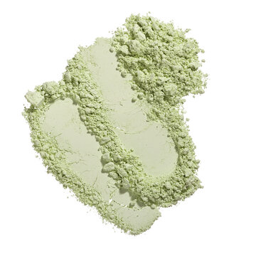 Texture round swatches of cosmetic green clay kaolin, eye shadow, corrector concealer powder on a white isolated background. Natural face mask. Dry matcha tea