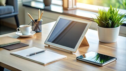 Fototapeta premium A sleek, modern tablet lies on a clutter-free desk, surrounded by minimalistic office supplies, exemplifying intuitive technology and effortless workflow integration.