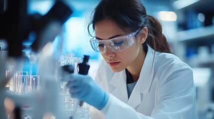 A medical researcher conducts tests in a lab, surrounded by high-tech equipment and samples, reflecting innovation and scientific curiosity