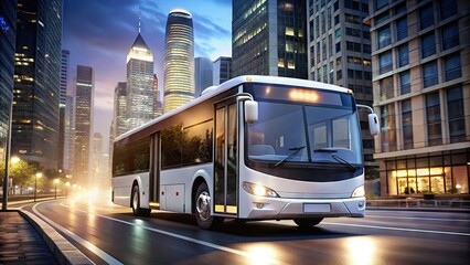 Obraz premium A sleek, modern white city bus navigates a busy urban street, its bright headlights and clean lines contrasting with the gritty cityscape background.
