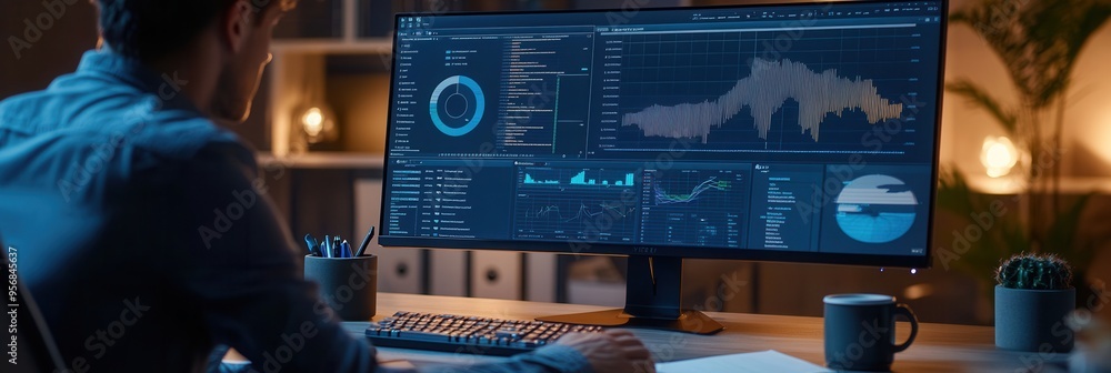 Poster An expert is deeply engaged in analyzing intricate data displayed on a large monitor at a well-organized work desk in the evening. Generative AI