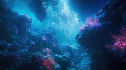 Obraz premium surreal underwater landscape with bioluminescent sea creatures and otherworldly coral formations ethereal light filters through the water creating a dreamlike aquatic wonderland