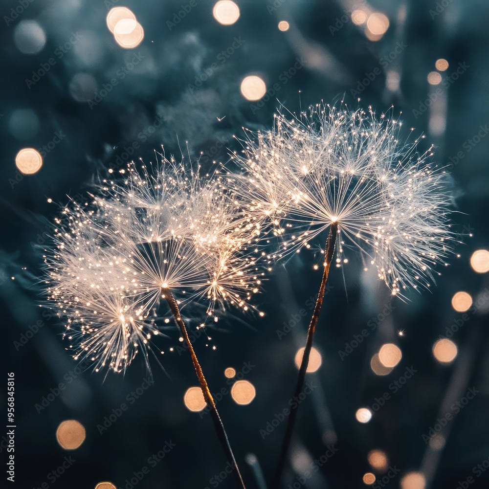 Wall mural Two dandelion seeds with glowing lights in the background.