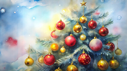 Watercolor illustration of a Christmas tree adorned with golden and red ornaments and a star on top

