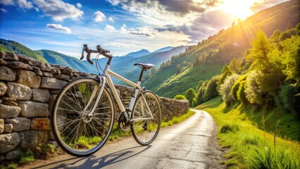 Fototapeta premium A sleek, silver road bike leans against a rustic stone wall, surrounded by vibrant greenery, amidst a winding mountain road on a sunny afternoon.