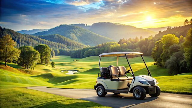 A sleek, silver golf cart stands alone on a lush green fairway, surrounded by rolling hills and trees, with golf clubs and bags in tow. - Powered by Adobe